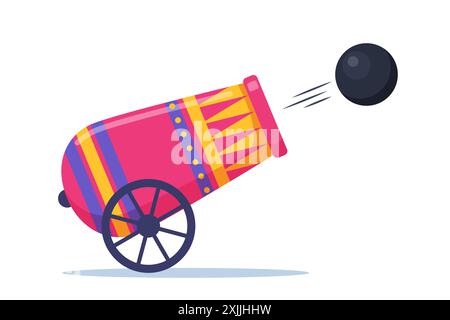 Cute circus cannon. Concept of circus equipment doing tricks and stunts for children, adults. Cannon firing. Vector illustration Stock Vector