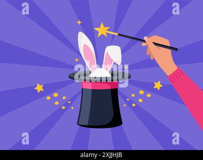 Magic hat with bunny ears. Magician hat with rabbit. Circus show, abracadabra wand in magicians hand. Magic rabbit in hat, bunny trick. Vector illustr Stock Vector