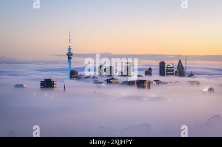 Auckland, New Zealand - July 18 2024: Auckland skyline and Sky Tower in the fog at dawn. View from Mount Eden summit. Stock Photo