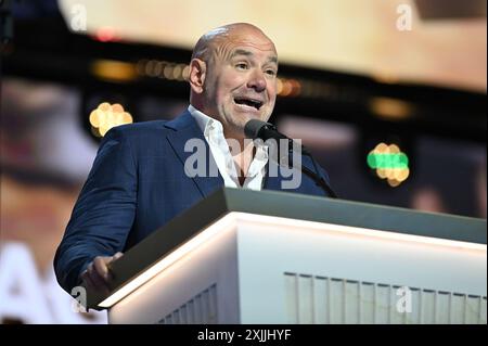 Dana White speaks on the fourth and final day of the 2024 Republican National Convention (RNC) at Fiserv Forum in Milwaukee, Wis., July 18, 2024. (Photo by Anthony Behar/Sipa USA) Stock Photo