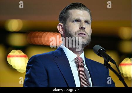 Eric Trump speaks on the fourth and final day of the 2024 Republican National Convention (RNC) at Fiserv Forum in Milwaukee, Wis., July 18, 2024. (Photo by Anthony Behar/Sipa USA) Stock Photo