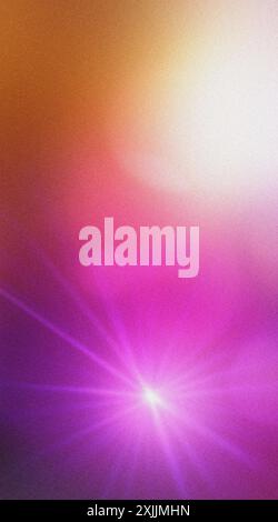 Grainy textured abstract background with purple and orange gradient, showcasing radiant light rays emanating from a central focal point Stock Photo