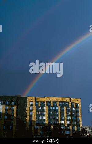 Low angle view of double rainbow against in sky Stock Photo
