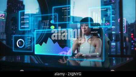 Stylish Japanese Young Woman Interacting with an Augmented Reality Hologram with Business Data, Financial Reports, Stock Market Statistics, Infographics and Charts. Futuristic and Cyberpunk Aesthetics Stock Photo