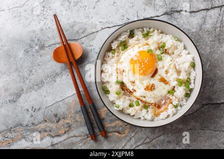 Korean simple breakfast Gyeran Bap fried egg and rice seasoned with soy sauce and oil close-up in a bowl on the table. Horizontal top view from above Stock Photo