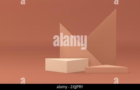 Realistic 3d podium beige platform neutral triangle wall backdrop for product presentation vector illustration. Trendy aesthetic minimalist pedestal p Stock Vector