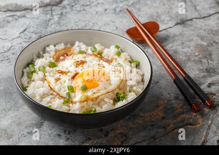 Korean simple breakfast Gyeran Bap fried egg and rice seasoned with soy sauce and oil close-up in a bowl on the table. Horizontal Stock Photo