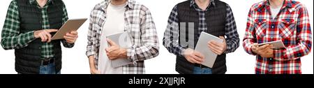 Set of cropped portraits of workers with digital tablet in hands,  isolated on white background. (the same person wearing different outfits) Stock Photo