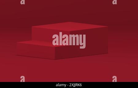 Realistic red 3d staircase podium geometric form pedestal for fashion product show isometric vector illustration. Stairs shape showcase with steps tre Stock Vector