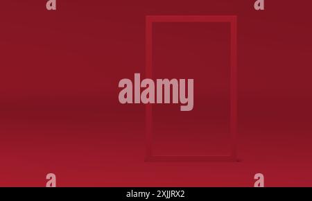 Red fashion 3d frame rectangular decor element geometric shape at studio background vector illustration. Realistic rectangle border abstract wall back Stock Vector