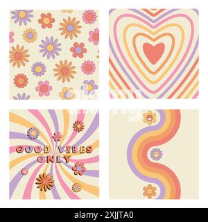 Set of groovy retro style cards with hippie symbols. Good vibes only slogan, daisy flowers seamless pattern, heart, sunburst, twisted waves and peace Stock Vector