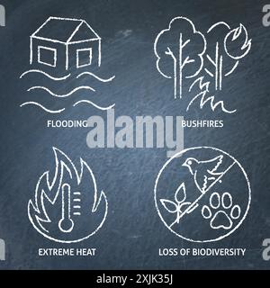 Climate change impact chalkboard icon set. Forest fires, flooding, high temperature and biodiversity loss. Vector illustration. Stock Vector