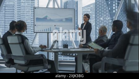Office Conference Room Presentation: Businesswoman Talks, Uses TV Screen to Show Company Growth with Big Data Analysis, Graphs, Charts, Infographics. e-Commerce Business Concept. Dramatic Evening Edit Stock Photo