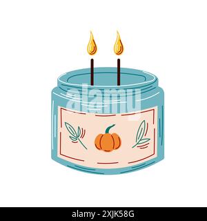 Aroma pumpkin candle in a candlestick flat style. Calm and cozy atmosphere. Scented candles in jar. Design for poster, banner, postcard, sticker Stock Vector