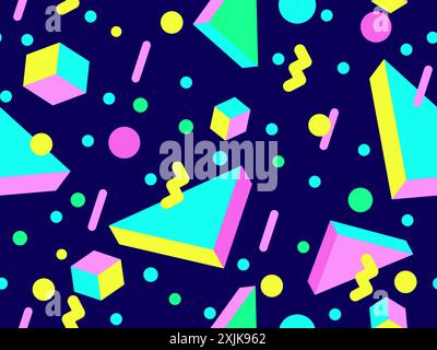 Geometric seamless pattern in 80s style. Colorful geometric pattern with isometric geometric 3D shapes. Design of promotional products, wrapping paper Stock Vector