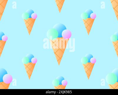 Ice cream cone seamless pattern. Ice cream in a wafer-style cone. Summer background with gradient ice cream. Design for banners, promotional products Stock Vector