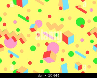 Geometric seamless pattern in 80s style. Colorful geometric pattern with isometric geometric 3D shapes. Design of promotional products, wrapping paper Stock Vector