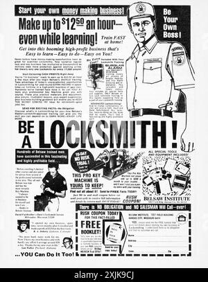 An ad from a 1980 magazine from the Belslaw Institute offering instructional books and courses in how to be a locksmith. You too can make $12.50 and hour. Now in 2024, that's the equivalent of $45 per hour. Stock Photo