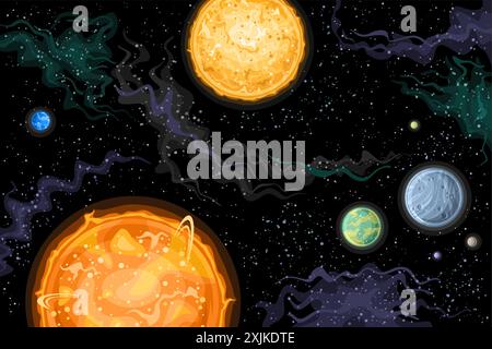 Vector Space Card, horizontal astronomical poster with illustration of binary star system consisting pair of red brown dwarfs in deep space, decorativ Stock Vector