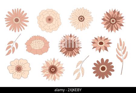 Collection groovy hippie flower. Floral set Stock Vector