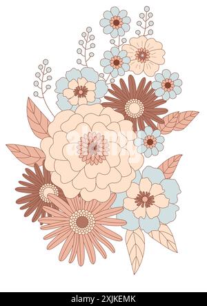 Retro flowers composition, groovy flower clipart Stock Vector