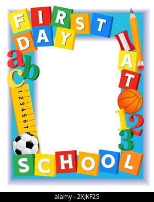 First day at school booth design, Back to school photo frame. First day at school 2024-2025 creative vector text with colored cubes, pencil, balls Stock Vector