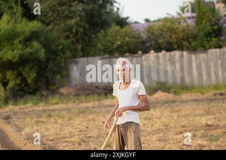 An indian elderly farmer in a white shirt stands in a field holding a hoe, depicting rural life and agriculture. Stock Photo