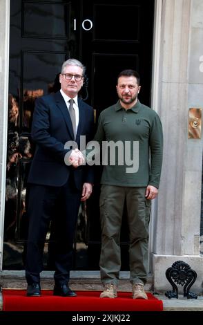 London, UK. 19th July, 2024. Britain's Prime Minister Keir Starmer greets Ukraine's President Volodymyr Zelenskyy at 10 Downing Street in London. (Photo by Fred Duval/SOPA Images/Sipa USA) Credit: Sipa USA/Alamy Live News Stock Photo