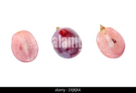 Top view set of single red grape or purple grape with halves is isolated on white background with clipping path. Stock Photo