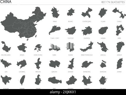 China region silhouettes set and blank map of the country isolated on white background. Vector illustration design Stock Vector