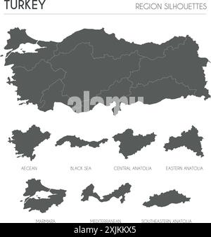 Turkey region silhouettes set and blank map of the country isolated on white background. Vector illustration design Stock Vector