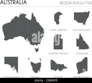 Australia region silhouettes set and blank map of the country isolated on white background. Vector illustration design Stock Vector
