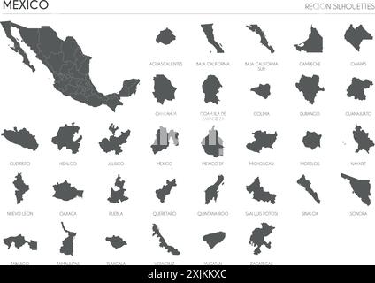 Mexico region silhouettes set and blank map of the country isolated on white background. Vector illustration design Stock Vector
