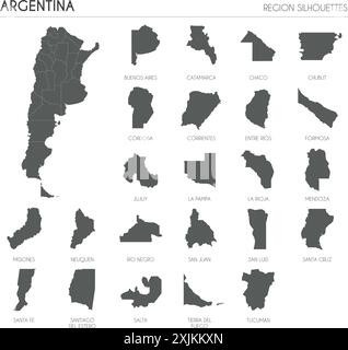 Argentina region silhouettes set and blank map of the country isolated on white background. Vector illustration design Stock Vector