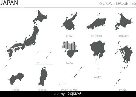 Japan region silhouettes set and blank map of the country isolated on white background. Vector illustration design Stock Vector