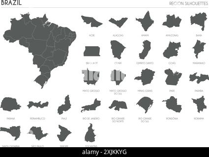 Brazil region silhouettes set and blank map of the country isolated on white background. Vector illustration design Stock Vector