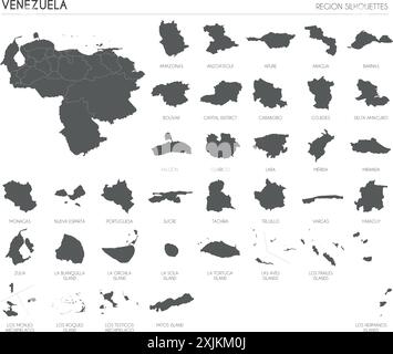 Venezuela region silhouettes set and blank map of the country isolated on white background. Vector illustration design Stock Vector