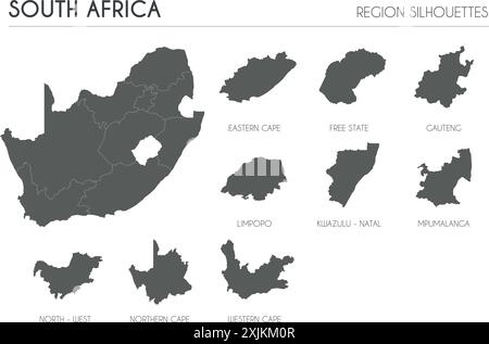 South Africa region silhouettes set and blank map of the country isolated on white background. Vector illustration design Stock Vector