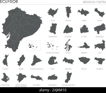 Ecuador region silhouettes set and blank map of the country isolated on white background. Vector illustration design Stock Vector