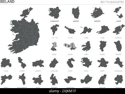 Ireland region silhouettes set and blank map of the country isolated on white background. Vector illustration design Stock Vector