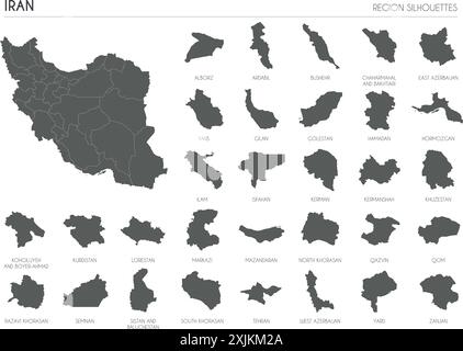 Iran region silhouettes set and blank map of the country isolated on white background. Vector illustration design Stock Vector