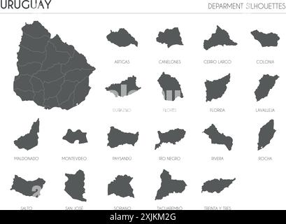 Uruguay region silhouettes set and blank map of the country isolated on white background. Vector illustration design Stock Vector