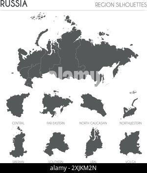 Russia region silhouettes set and blank map of the country isolated on white background. Vector illustration design Stock Vector