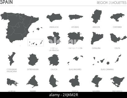 Spain region silhouettes set and blank map of the country isolated on white background. Vector illustration design Stock Vector