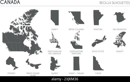 Canada region silhouettes set and blank map of the country isolated on white background. Vector illustration design Stock Vector