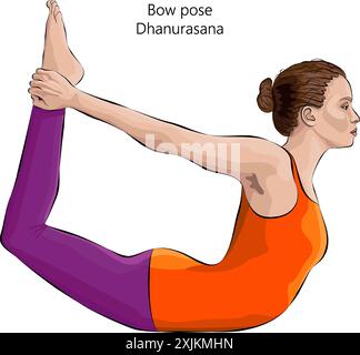 Young woman practicing Dhanurasana yoga pose. Bow pose. Intermediate Difficulty. Isolated vector illustration. Stock Vector