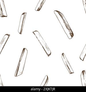 White potato slices, peeled, long sticks for French fries. Graphic illustration hand drawn in brown ink. Seamless pattern EPS vector on the theme of Stock Vector