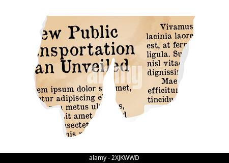 A scrap of old yellowed newspaper, an element of collage. Typescript Stock Vector