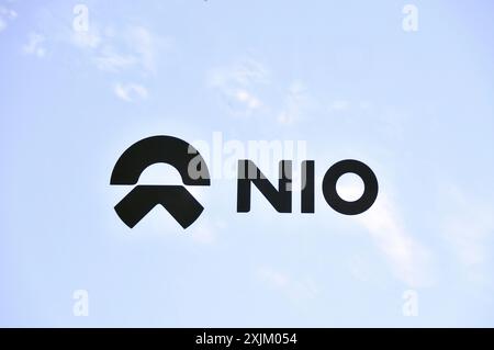 Company logo of the Chinese car manufacturer NIO, IAA Mobility 2023, Munich, Bavaria, Germany Stock Photo