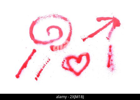 Different symbols made with red spray paint isolated on white, top view Stock Photo